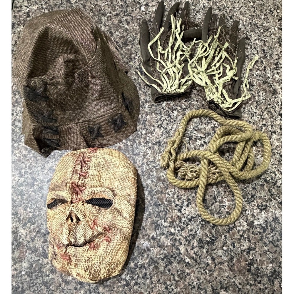Scarecrow Horror Mask Hat Gloves Rope Set Halloween Cosplay Costume Accessory
